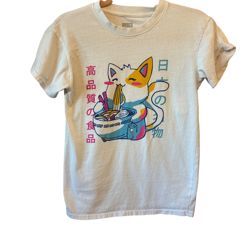 Kawaii Anime Japanese Neko Cat Eating Ramen Noodle Bowl White Tee Unisex Size S